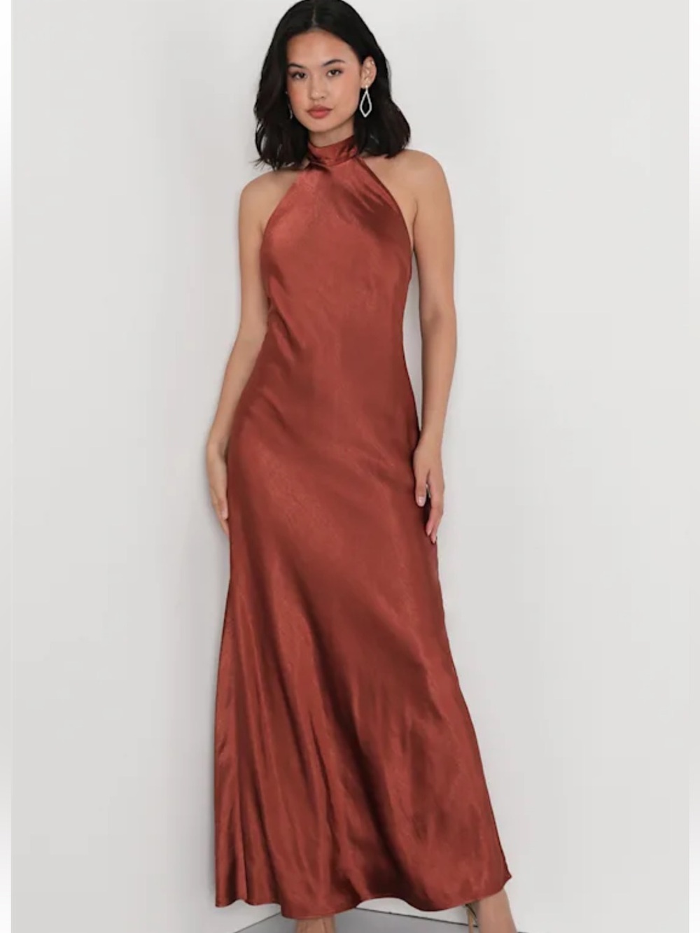 Lulu's Copper Satin High-Neck Maxi Dress